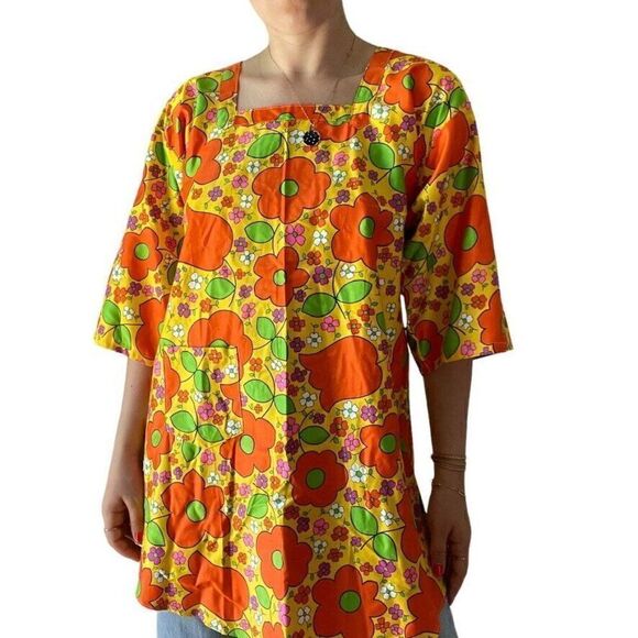 Vintage 1970s Womens Retro Psychedelic Floral Mid Mod Apron Open Back Top Sz M - Picture 7 of 7